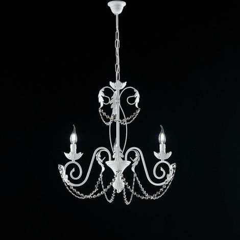 Damasco Lustre En Fer Laqué Blanc Déco Effet Shabby Chic Et Strass Cristal 3 Lumières 120 D.47 Bl77-3-Bco