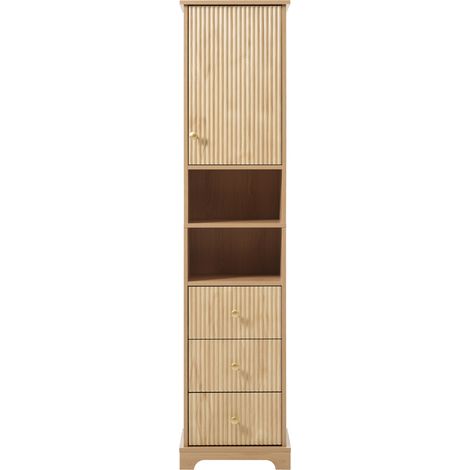 Armoire de salle de bain en MDF 40x30x172 cm avec panneaux PVC, 3 tiroirs, étagères réglables, finition bois naturel (1/5)