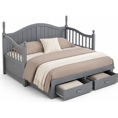 Canapé-lit extensible 90x190 cm en bois gris, avec 2 tiroirs, tête de lit arrondie et couchage 180x190 cm – CHICFURN (1/5)