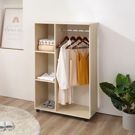 Armoire penderie mobile panneaux de particules imitation chêne clair, structure solide avec tringle à vêtements et étagères modulables pour vestibule et chambre (1/5)