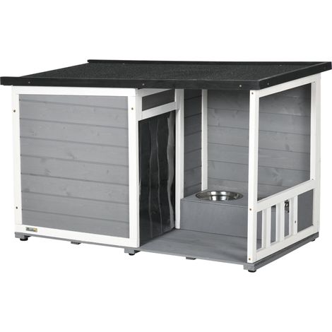 Niche pour chien avec terrasse en bois de sapin, résistante aux intempéries, avec 2 gamelles et toit en asphalte, grise, 103 x 62 x 60-66 cm