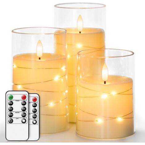 LED-Kerze, 3er-Set mit flackernder Flamme, batteriebetriebene Glaskerzen mit Fernbedienung und Timer, Durchmesser 7,6 cm, Höhe 10,2, 12,7, 15,3 cm – Elfenbein