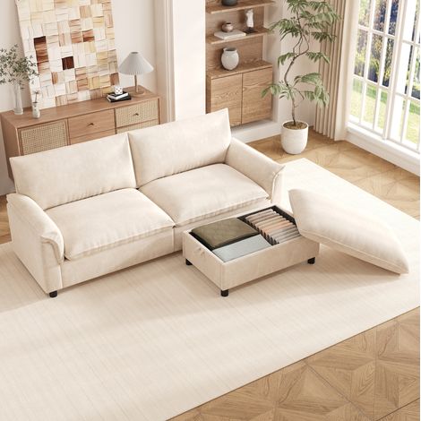 Canapé d'angle convertible 216x77x82 cm beige en chenille avec pouf mobile et rangement (1/5)
