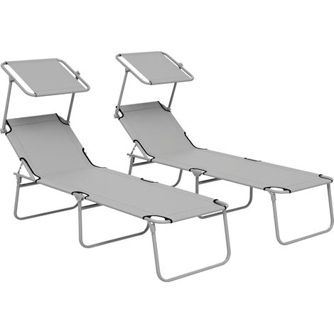 Folding Sun Loungers, Pair, with Canopy, 187 x 58 x 36 cm, Light Grey (1/5)