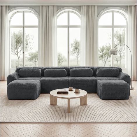 Sofá modular en U de 4 plazas sin montaje, tejido peluche gris DESVIAE (1/5)
