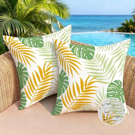 Housse de Coussin Extérieur Imperméable 40x40 Housse Coussin Vert Dore Oreiller Decoratif Canape Feuilles Tropicales Taies d'oreiller Printemps Été Decoration pour Jardin Patio Salon Lot de 2 (1/5)