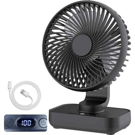 Petit ventilateur de bureau oscillant, avec charge USB, autonomie de plus de 12 heures, option de montage mural, couleur noire (1/5)