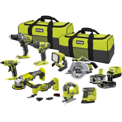 Ryobi – Pack de 9 outils électroportatifs 18V – 2 batteries 5.0Ah et 2.0Ah – Chargeur rapide et 2 sacs de transport – Pour travaux intensifs (1/5)