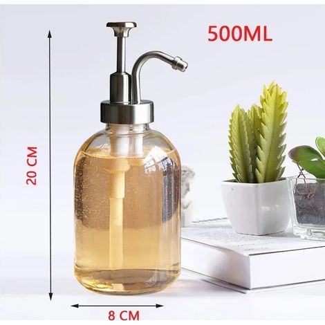 Flacon en verre rond de 500 ml avec embout poussoir, pour gel hydroalcoolique, savon liquide, lotion ou gel douche. Flacon pompe de style nordique pour salle de bain. (1/5)