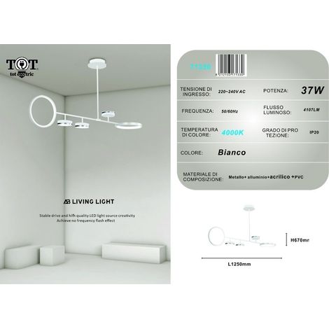 Lampadario a sospensione led 37w con 5 cerchi lampada orizzontale bianco luce fredda naturale design moderno per camera salotto Naturale