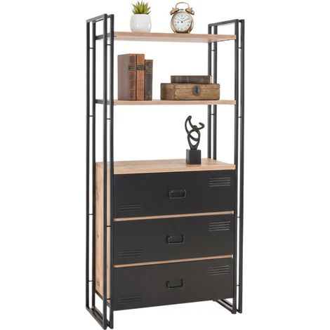 Podul Regal, Wandregal mit 2 Regalen, 3 Schubladen, 90x35x180h cm, Eiche Braun