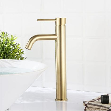 Einhebel-Waschtischarmatur, modernes, kreatives Design, glänzende Einlocharmatur, gebürstetes Gold, massives Messing (2 Schläuche inklusive) - RW (1/3)