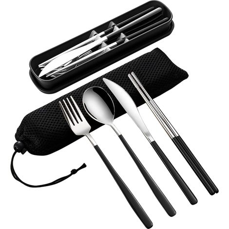 Ensemble de 4 couverts inox 18/10 avec boîte : fourchette, cuillère, couteau, baguettes. Idéal voyage, camping (argent noir). (1/5)
