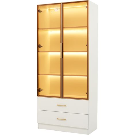 Mobile bagno bianco in MDF 75 cm con 2 cassetti, 2 ante in vetro e barra luminosa (1/5)