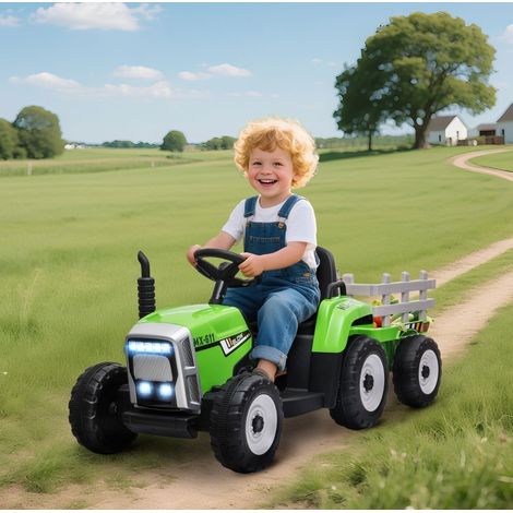CHICFURN Tractor eléctrico infantil con remolque 136,5 x 50 x 52,5 cm verde y negro (1/5)