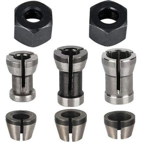 Set mit 8 Spannzangen, Zubehör für Oberfräsen von Einhell, Katsu, Bosch und Dewalt, 6 Spannzangenadapter (6 mm, 6,35 mm, 8 mm) + 2 Muttern für Graviermaschinen (1/4)