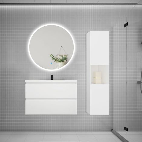 AICA Ensemble meuble vasque L.79cm 2 tiroirs + lavabo + LED miroir rond 90cm + colonne,blanc