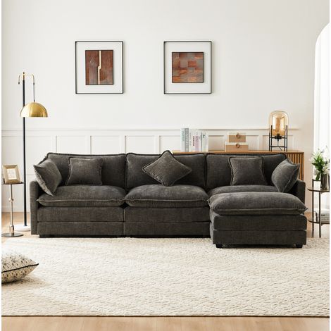 Canapé con chaise longue de chenilla gris oscuro 283x147x84 cm, 3 plazas con reposapiés móvil (1/5)
