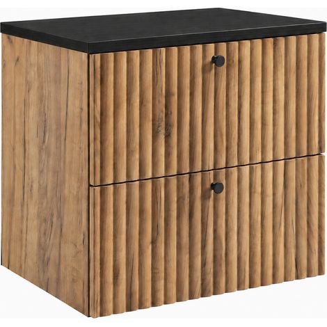Meuble de salle de bain suspendu avec plan 60, chêne craft doré + plan noir, poignées en trois couleurs, 60 x 46 x 58,6 cm (1/5)