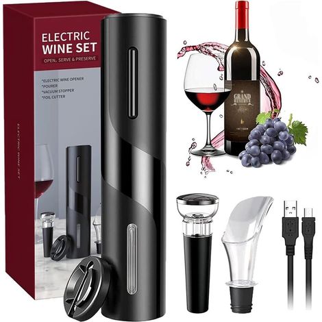 TrAdE Shop Traesio - Cavatappi Elettrico Vino Set Apribottiglie 5in1 Ricarica Usb Tagliapasta Tappo Versatore - (1/5)