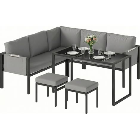Salon de Jardin Canapé d'Angle Extérieur 6 Pièces Coussins 10cm Table Haute et 2 Repose-pieds Gris (1/5)