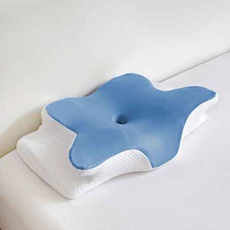 Oreiller orthopédique en forme de papillon en mousse à mémoire de forme, soutien de la nuque et de la tête efficace contre les troubles du sommeil (bleu)-AquaForge (1/5)