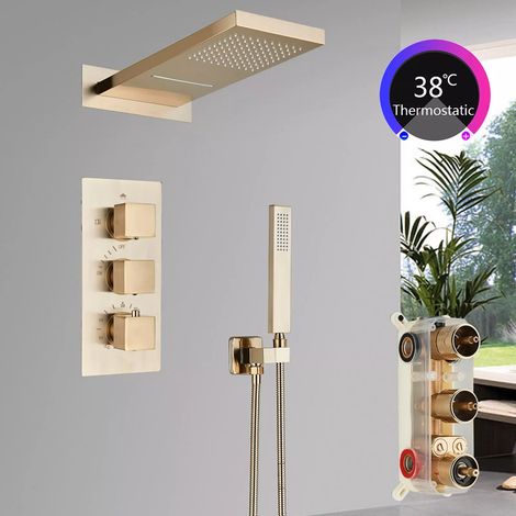 Colonne de Douche Encastrée thermostatique Doré brossé avec Mitigeur Douche Set Réglable en Hauteur Colonne de Douche avec Haute Pression 2 Fonctions Pommeau de Douche et Douche à Pluie