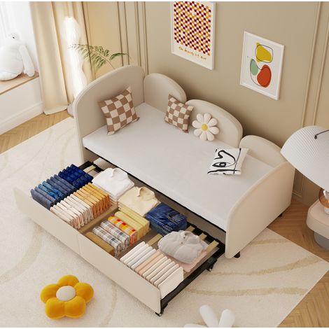 Bett Kinderbett Stauraum 90x200 Samt Beige OKMYHOME (1/5)