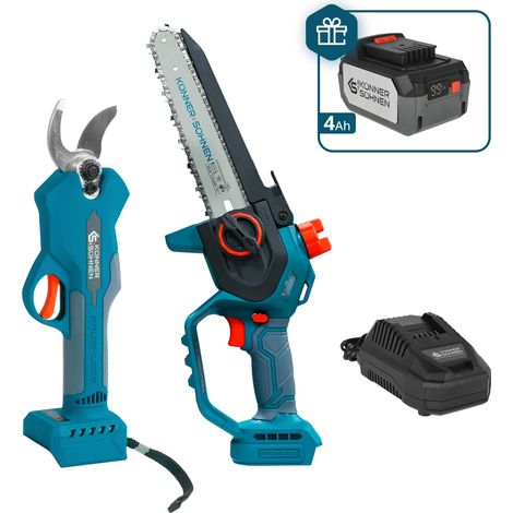 Kit Potatura Könner & Söhnen KS MCS-CSP-SET: Forbice Elettrica 32mm e Mini Sega 8" Brushless, include Caricabatterie Rapido e Batteria 4Ah in REGALO