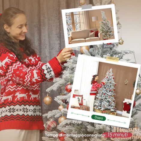 Sapin de Noël Blanc Neige 210 cm, branches réalistes, pied en métal pliable, idéal pour décoration festive.