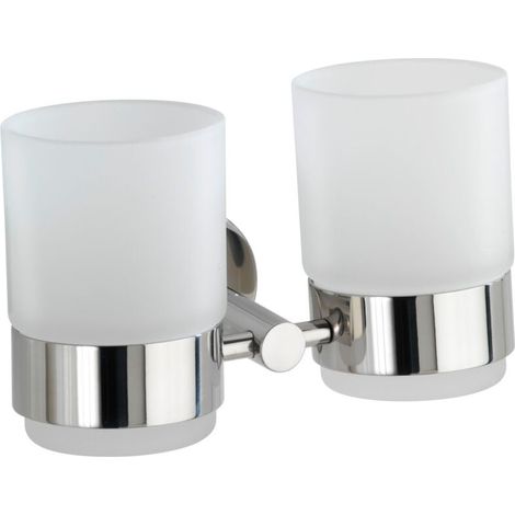 Porte Brosse à dent mural, gobelet salle de bain double, verre - fixation acier inox, 17,5x9,5x9 cm, brillant