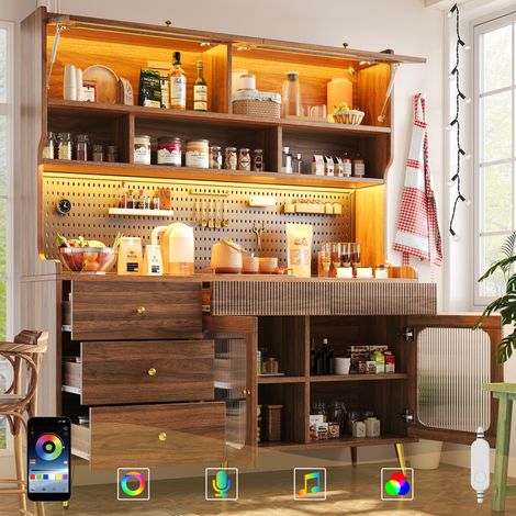 Vetrina con Anta a Ribalta, Illuminazione LED e Pannello Forato, per Cucina e Soggiorno, MDF e Vetro, 145 x 39 x 171 cm (1/5)