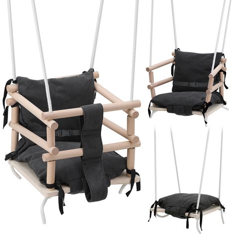 TolleTour Altalena da bambino con seduta in legno, cuscino grigio e corde regolabili in altezza