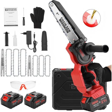 Teeno – Tronçonneuse à batterie 6+8 pouces – Moteur sans balais 1000W – 2 batteries 4000mAh – Coupe jusqu'à 180 mm de diamètre – Kit complet avec 6 chaînes