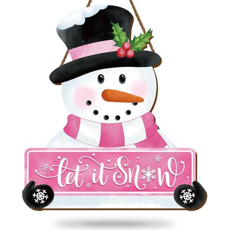Panneau en bois bonhomme de neige de Noël et décoration de porte rose - Couronne de bienvenue festive pour porte d'entrée, décoration intérieure et extérieure pour maison, ferme, mur ou fenêtre (1/5)