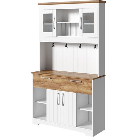 Credenza da cucina con contenitore, 2 cassetti, vetrine e ganci, 106 x 39 x 176,5 cm (1/5)