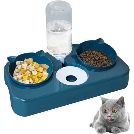 Ciotola per gatti, ciotola per animali domestici, distributore automatico 3 in 1 di cibo e acqua, protezione ideale per il collo di gatti e cani (blu) (1/5)