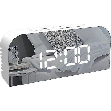 Grand réveil numérique LED avec design miroir, luminosité réglable, fonction sieste, compact et portable. (1/2)