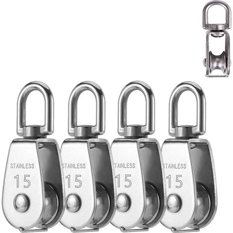 4-teiliges Set aus Einzelblock-Rollen, Edelstahl-M15-Rolle, schwenkbare Rolle, Zugrolle, Fischernetzrolle, Tragfähigkeit 35 kg