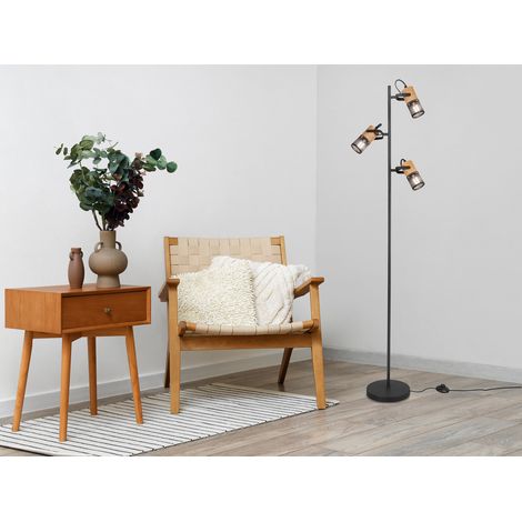 Stehlampe TOSH mit 3 Strahlern Gitter Schwarz & Holz, schwenkbar, Höhe 150cm (1/5)