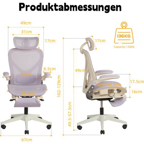 Chaise de bureau ergonomique pliable, compacte et pliante, avec soutien lombaire, assise coulissante en maille, accoudoirs rabattables, appui-tête 3D et repose-pieds, violette. (1/5)