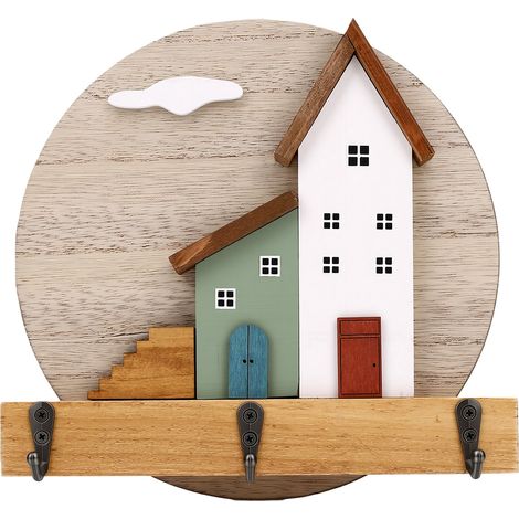 Porte-clés mural à 3 crochets métalliques ronds en bois pour entrées, couloirs, chambres, salons. (1/5)