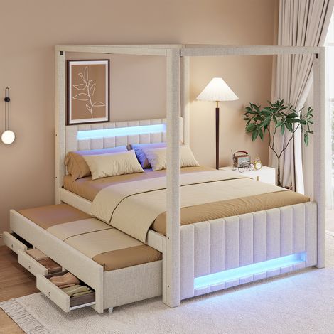 Lit double capitonné 140x200cm - Lit à baldaquin - Avec lit gigogne et 3 tiroirs - Éclairage LED - Beige (matelas non inclus)