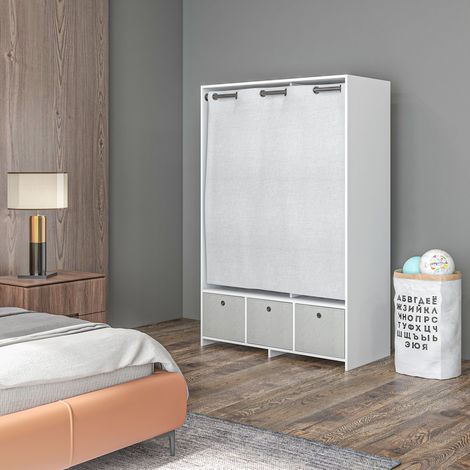Kleiderschrank mit Gardinenstange, 3 herausnehmbaren Stoffschubladen, 105 x 48 x 160 cm, weiß