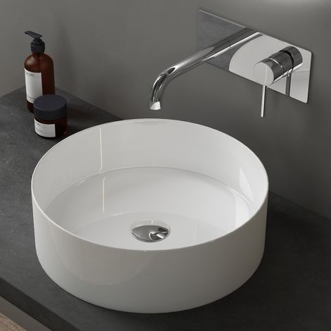 doporro® Lavabo sobre encimera lavabo de cerámica lavabo redondo 40x40x13 cm lavabo blanco brillante para aseo de invitados Brüssel203