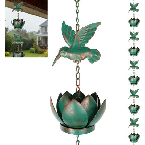 Chaîne d'eau de pluie colibri lotus pour gouttière, 2,4 m, chaîne anti-pluie suspendue avec crochet, chaînes de pluie pour gouttières extérieures, drainage d'avant-toit (vert émeraude) (1/4)