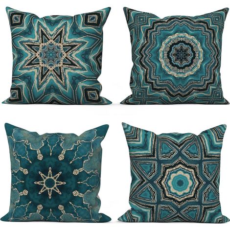 Lot de 4 Boho 40x40 cm, Motif géométrique rétro Bleu doré Housse de Coussin décorative pour canapé Lavable Polyester et Lin Textile d'extérieur Housse de Coussin (1/5)