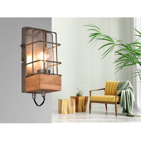 Industrial Wandlampe TINCO 1-flammig mit Gitter und Holz, Höhe 22,5cm (1/5)