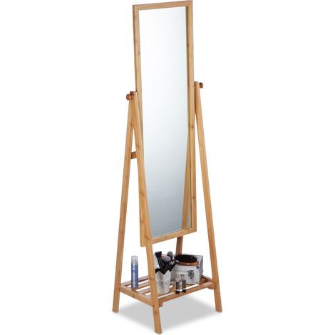 Relaxdays Standspiegel Bambus, schwenkbarer Spiegel, Ankleidespiegel mit Ablage, zum Stellen, HBT: 160x40x36 cm, natur