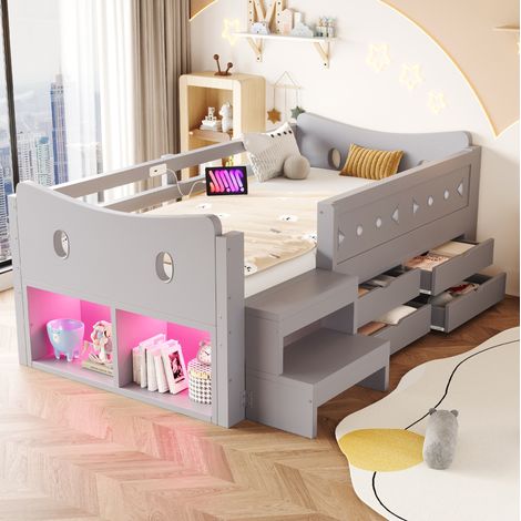 Litera 90/200 cm gris con almacenaje, LED y puertos USB/Type-C (1/5)